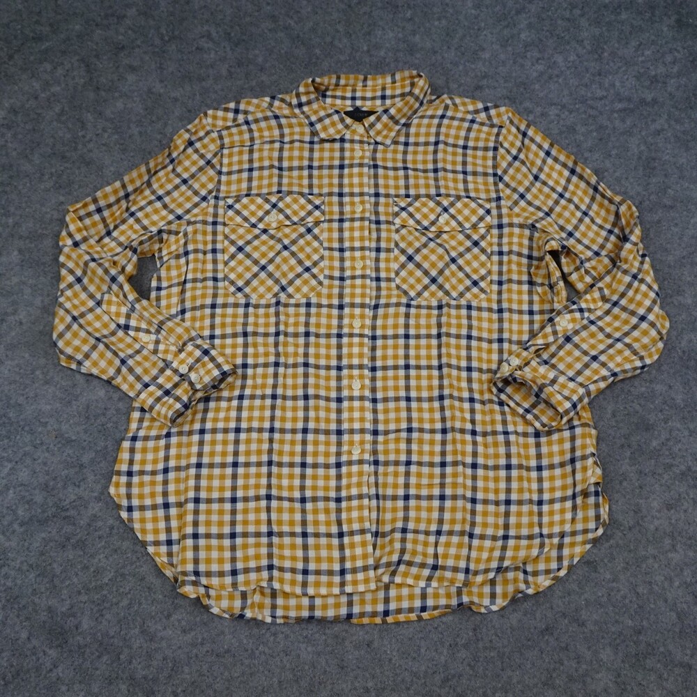 J Crew Shirt Womens 12 Yellow Plaid Button Up Cotton Pockets Comfort Career